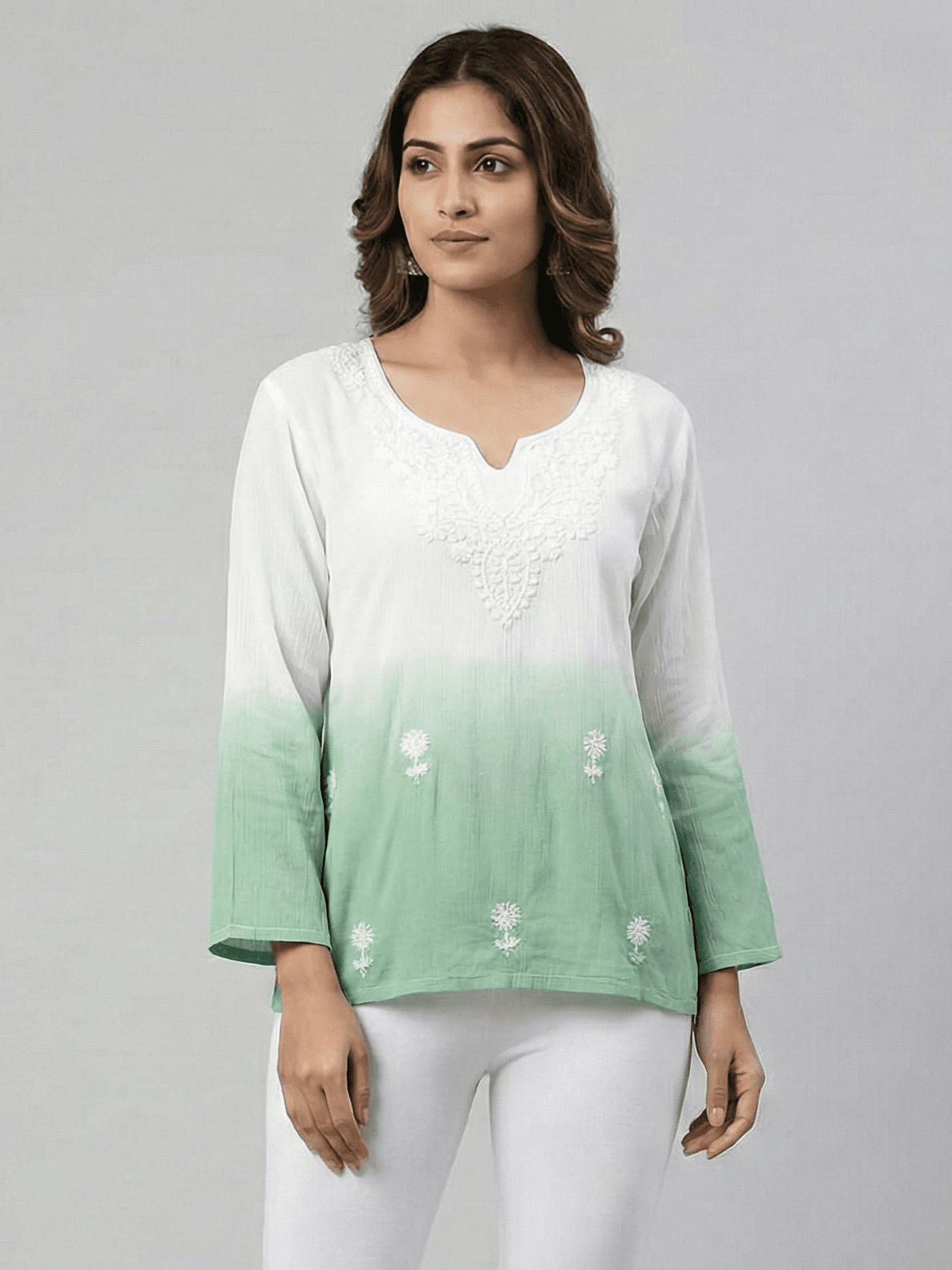 Elegant Ombre breathable cotton Tunic with Delicate Embroidery - View 1