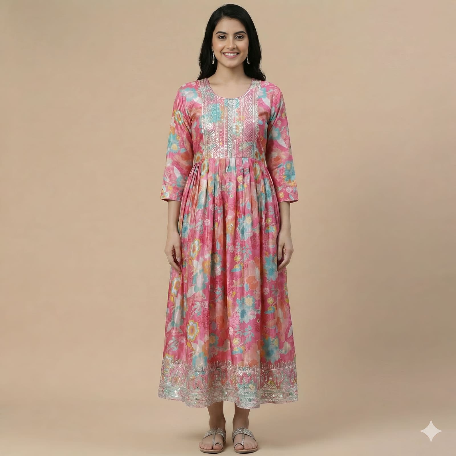 Elegant Pink Floral Print Viscose Anarkali Kurti with Mirror Work