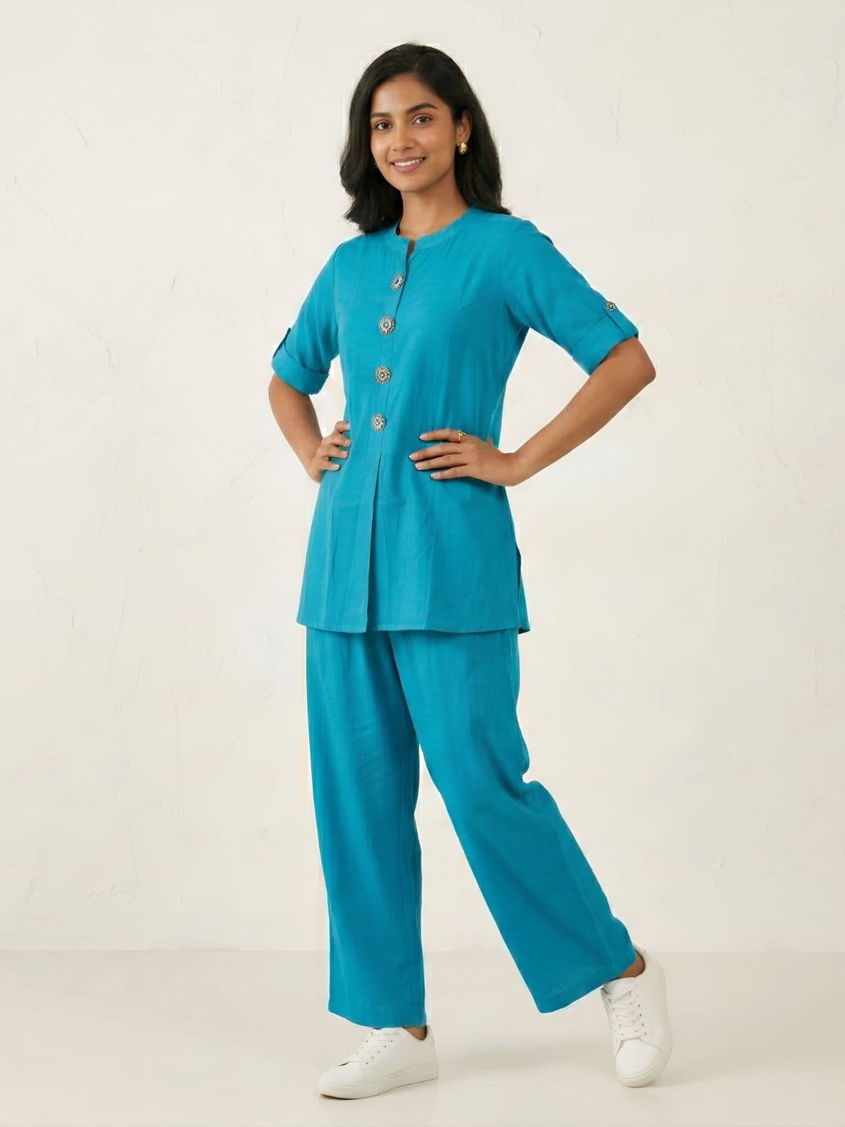 Elegant Blue Cotton Co-ord Set with Exquisite Button Details