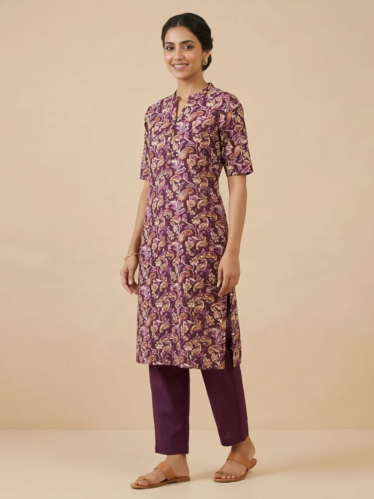 Elegant Plum Cotton Kurti with Paisley Floral Print