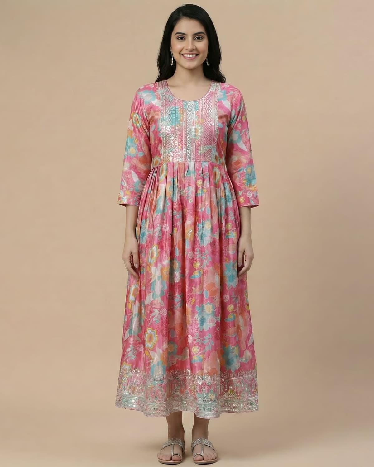 Elegant Pink Floral Print Muslin Anarkali Kurti with Mirror Work - View 1