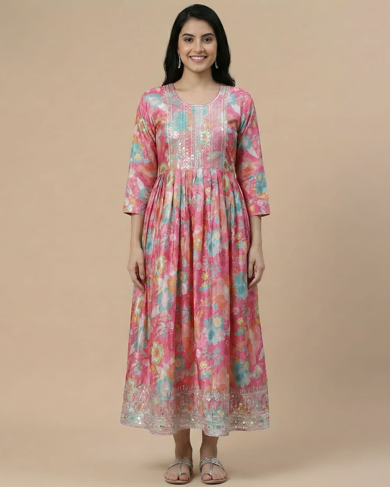 Elegant Pink Floral Print Muslin Anarkali Kurti with Mirror Work - View 1